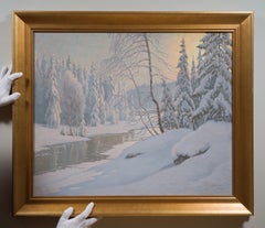 Snow-Covered Swedish Forest with River – Winter Oil Painting, 1944