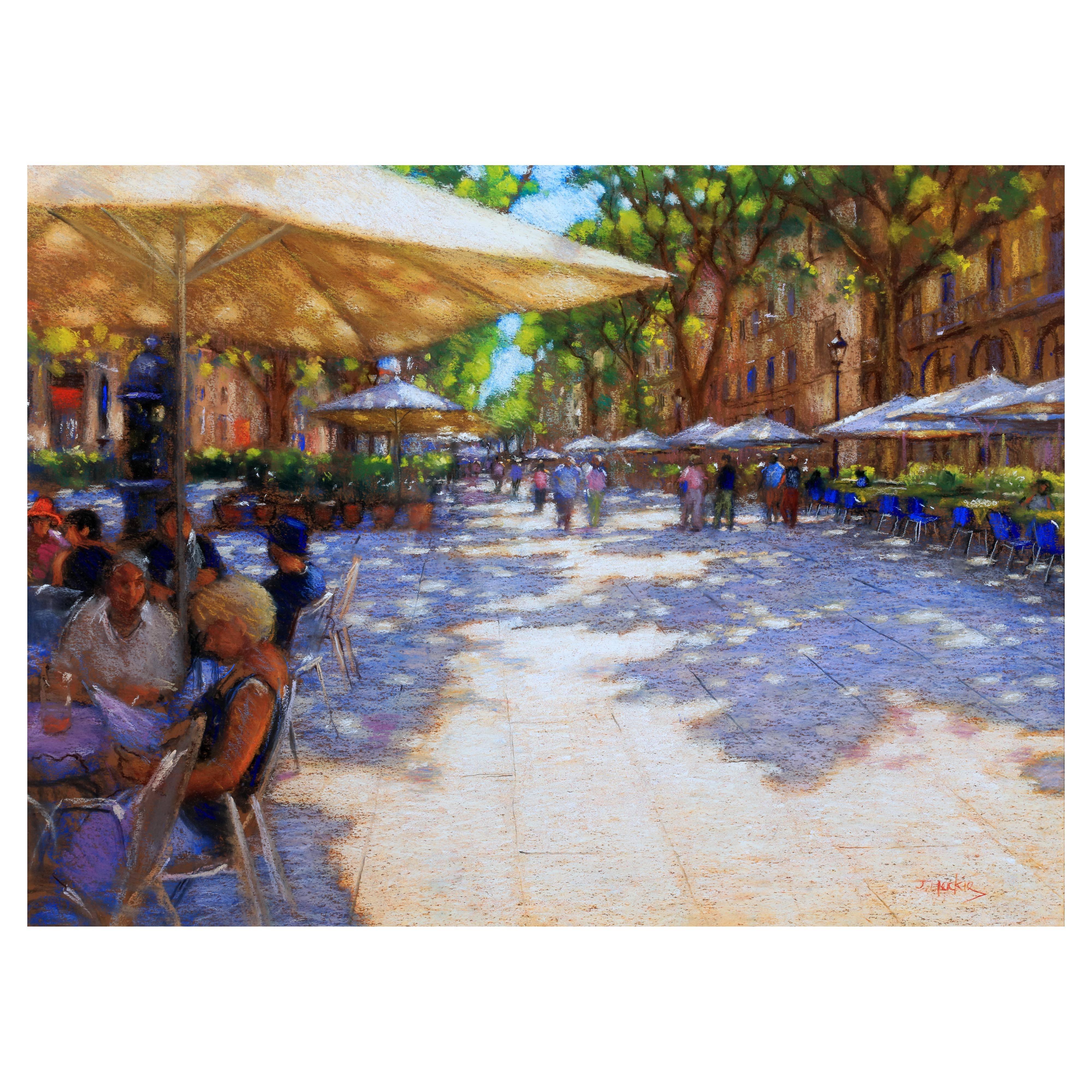 John Mackie (b.1955) Landscape Painting - John Mackie - “In the shade, Ramblas, Barcelona”