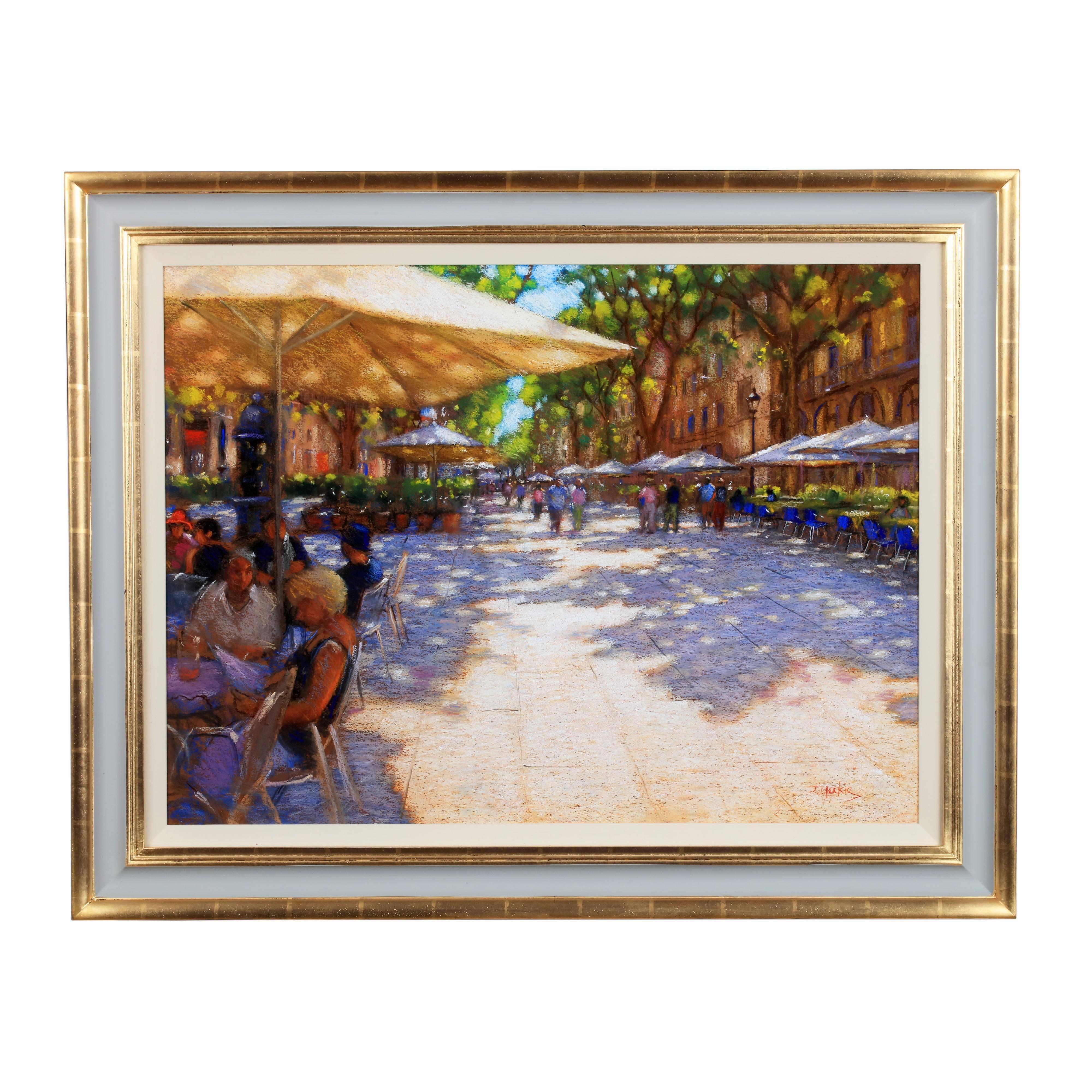 John Mackie - “In the shade, Ramblas, Barcelona” - Painting by John Mackie (b.1955)