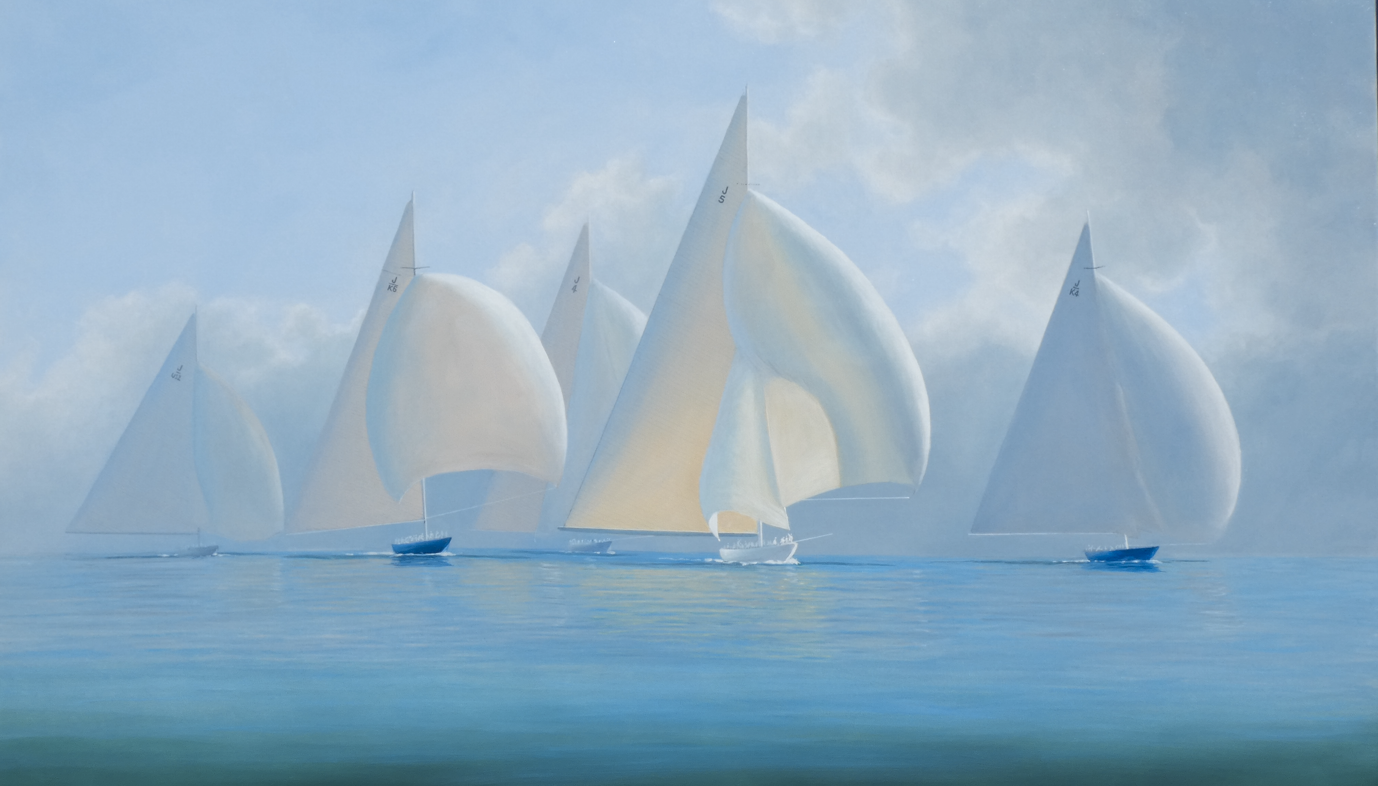 Tim Thompson captures the quiet drama of competitive sailing in this luminous marine scene. A fleet of racing yachts moves across calm blue water, their billowing white sails rising dramatically against a hazy, cloud-filled sky. Soft layers of blue,