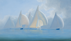 Tim Thompson, « J Class Fleet », 36 x 48, peinture à l'huile sur toile, thème : navigation maritime et yachts
