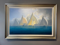 Tim Thompson, « J Class Fleet », 36 x 48, peinture à l'huile sur toile, thème : navigation maritime et yachts