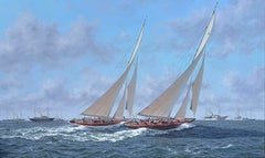 Richard Firth, « Endeavour et Rainbow 1934 », 30 x 50, yacht maritime, huile sur toile