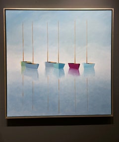 Matthew Jay Russell "Cape Dream" 40x40, dipinto a olio raffigurante un paesaggio marino in blu nebbioso con una barca a vela
