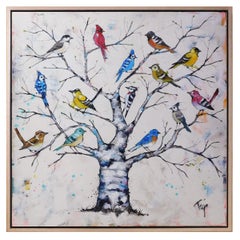 Trip Park, "Bird Club", quadro astratto su tela 36x36 con uccelli colorati