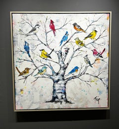 Trip Park, "Bird Club", quadro astratto su tela 36x36 con uccelli colorati