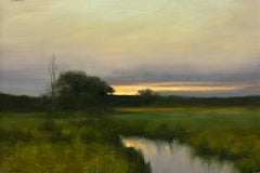 Dennis Sheehan, "Dusky Creek", dipinto a olio 24x36 raffigurante un paesaggio al tramonto
