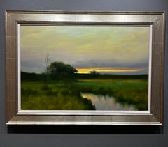 Dennis Sheehan, "Dusky Creek", dipinto a olio 24x36 raffigurante un paesaggio al tramonto