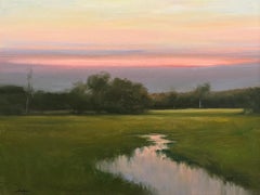 Dennis Sheehan, "Dusk Meadow" 30x40, dipinto a olio raffigurante un paesaggio al tramonto