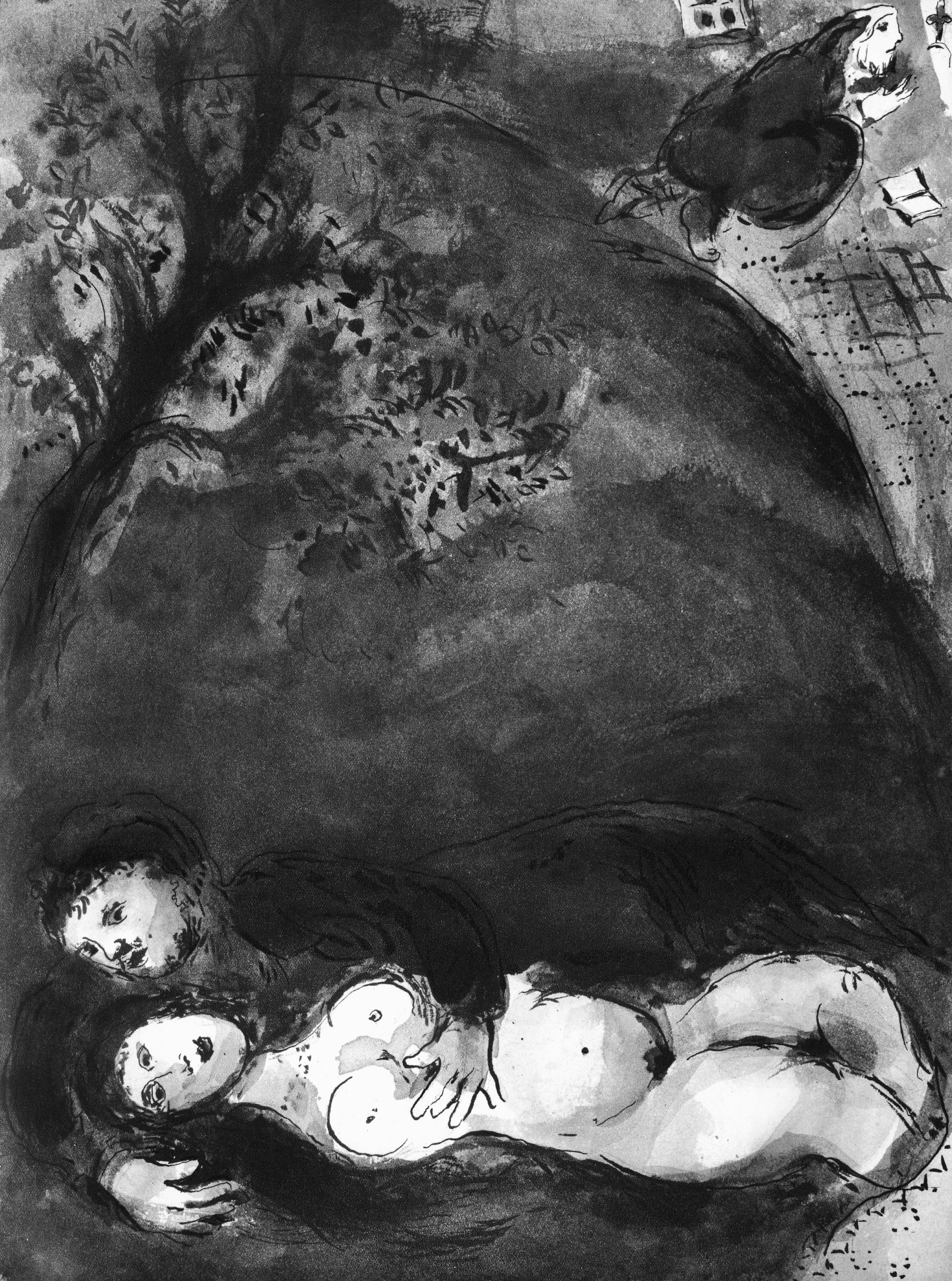 This exquisite lithograph by Marc Chagall (1887–1985), titled Les Amants sous l’arbre (The Lovers Beneath the Tree), from Contes de Boccace, peintures du manuscrit des ducs de Bourgogne, Bibliotheque de l'Arsenal (Ms. no. 5193) (Tales of Boccaccio,