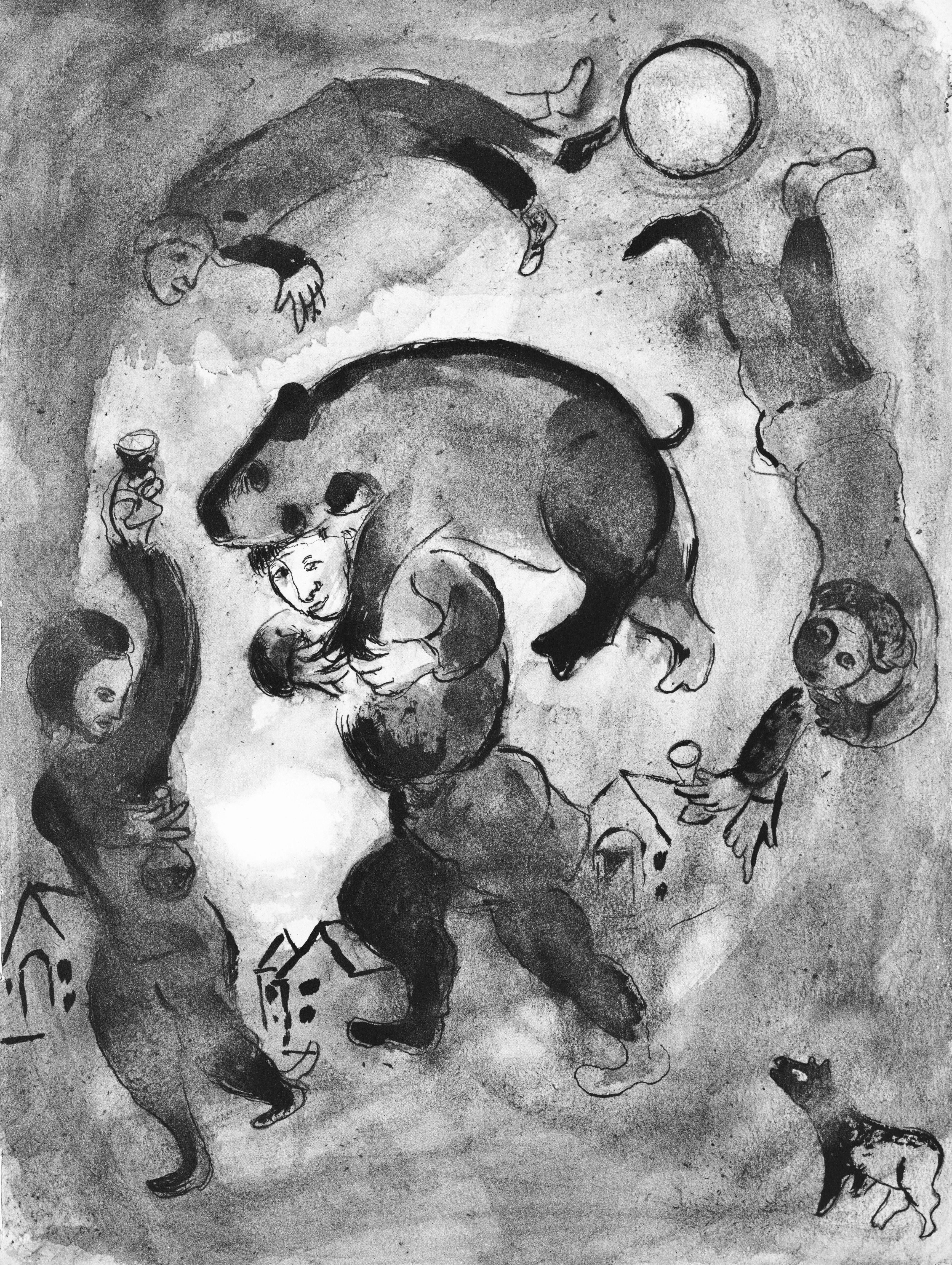 This exquisite lithograph by Marc Chagall (1887–1985), titled L’Homme au cochon (The Man with the Pig), from Contes de Boccace, peintures du manuscrit des ducs de Bourgogne, Bibliotheque de l'Arsenal (Ms. no. 5193) (Tales of Boccaccio, Paintings