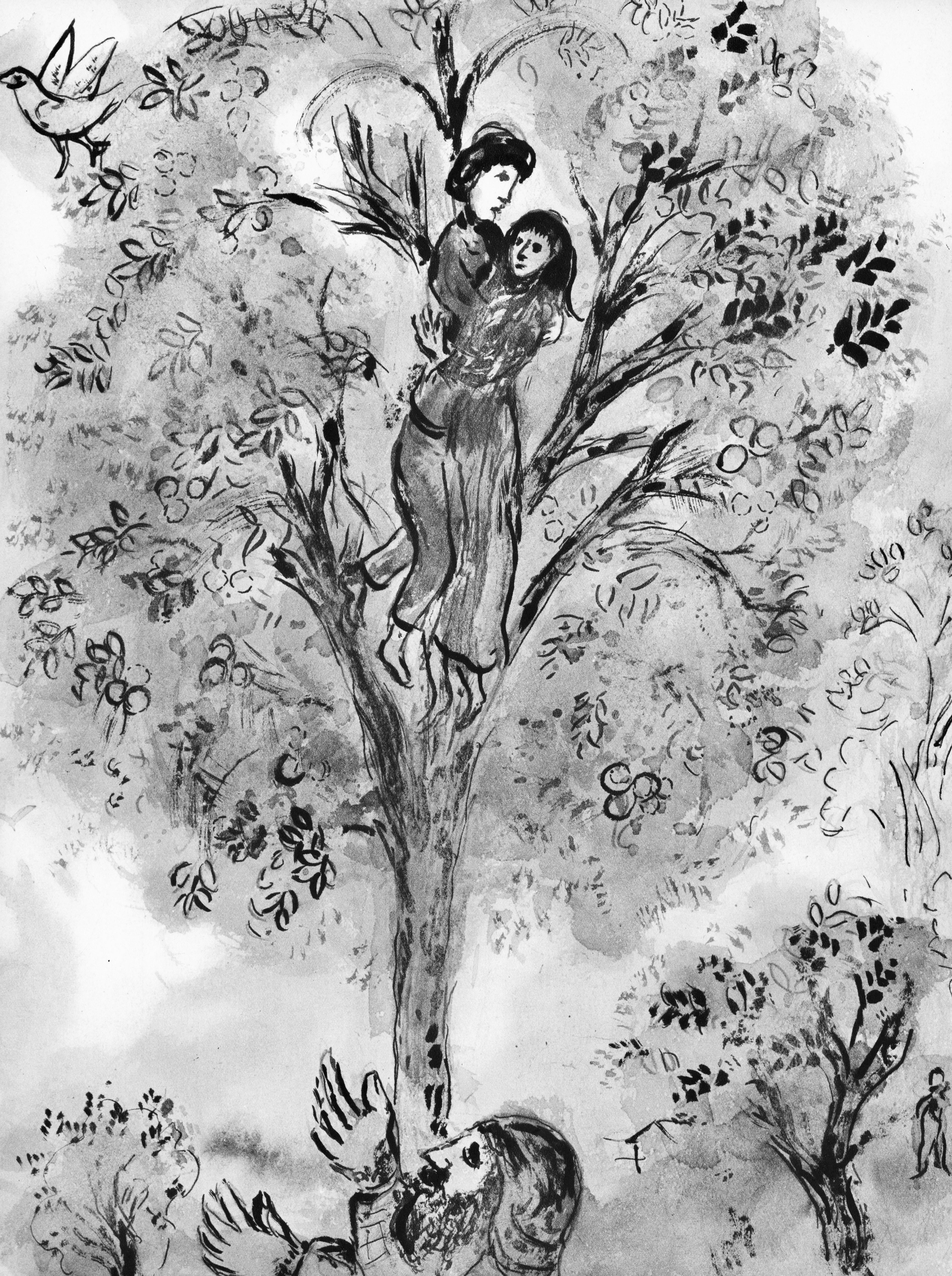 This exquisite lithograph by Marc Chagall (1887–1985), titled Les Amants dans l’arbre (The Lovers in the Tree), from Contes de Boccace, peintures du manuscrit des ducs de Bourgogne, Bibliotheque de l'Arsenal (Ms. no. 5193) (Tales of Boccaccio,