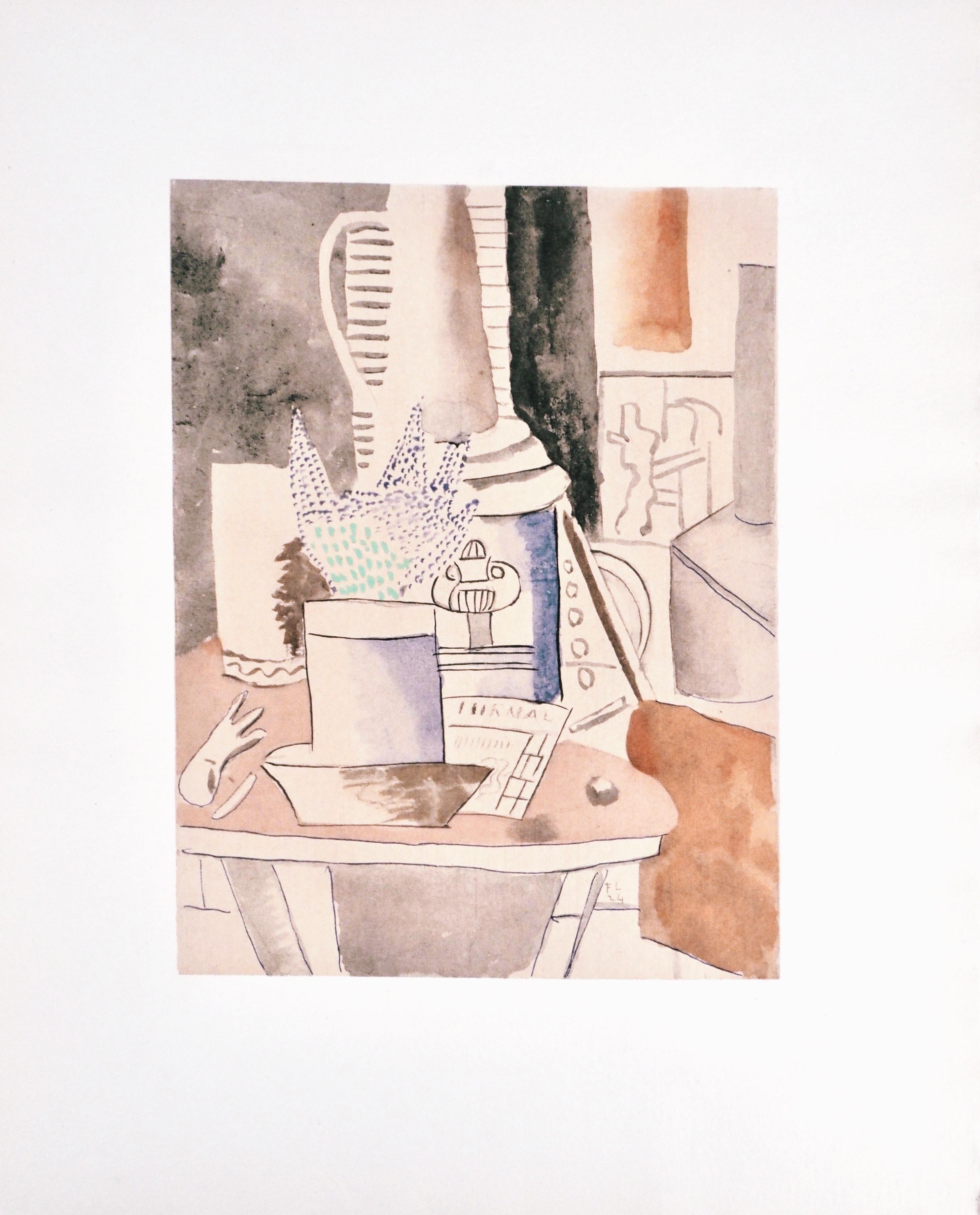 This exquisite lithograph and pochoir after Fernand Leger (1881–1955), titled Nature Morte au Journal (Still Life with Newspaper), from the folio Contrastes, 13 Aquarelles, Gouache, Lavis, Crayon (Contrasts, 13 Watercolors, Gouache, Washes, Pencil),