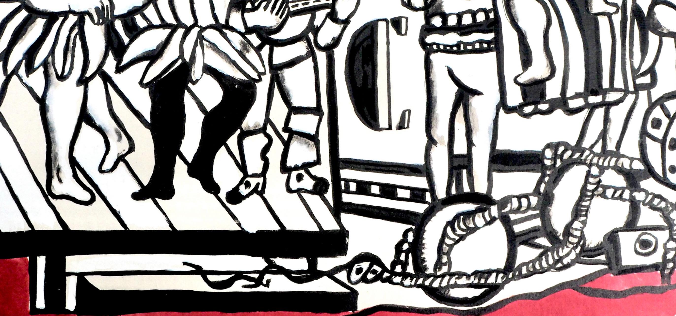 This exquisite lithograph and pochoir after Fernand Leger (1881–1955), titled Grand Parade sur Fond Rouge (Grand Parade on Red Background), from the folio Contrastes, 13 Aquarelles, Gouache, Lavis, Crayon (Contrasts, 13 Watercolors, Gouache, Washes,