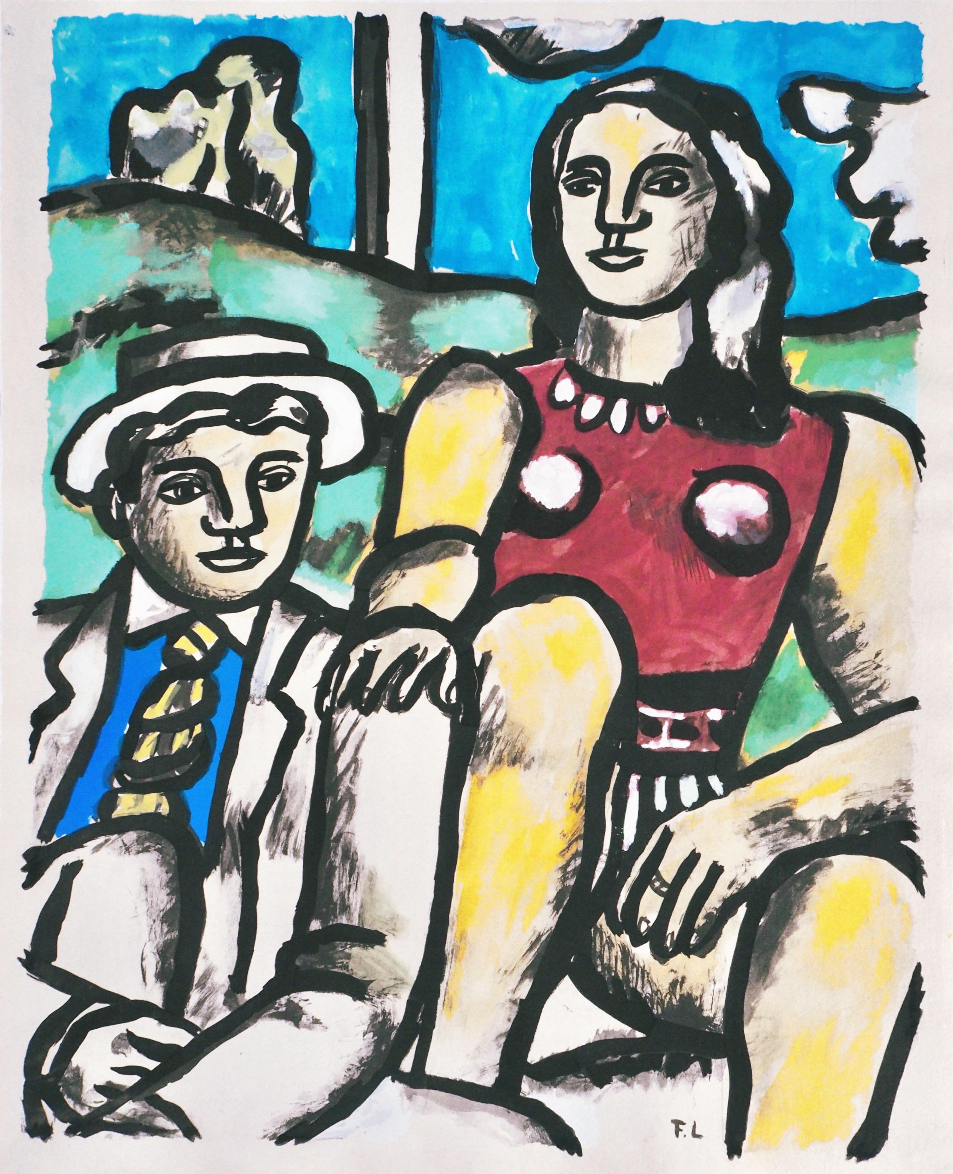 This exquisite lithograph and pochoir after Fernand Leger (1881–1955), titled Les Amoureux (The Lovers), from the folio Contrastes, 13 Aquarelles, Gouache, Lavis, Crayon (Contrasts, 13 Watercolors, Gouache, Washes, Pencil), originates from the 1959