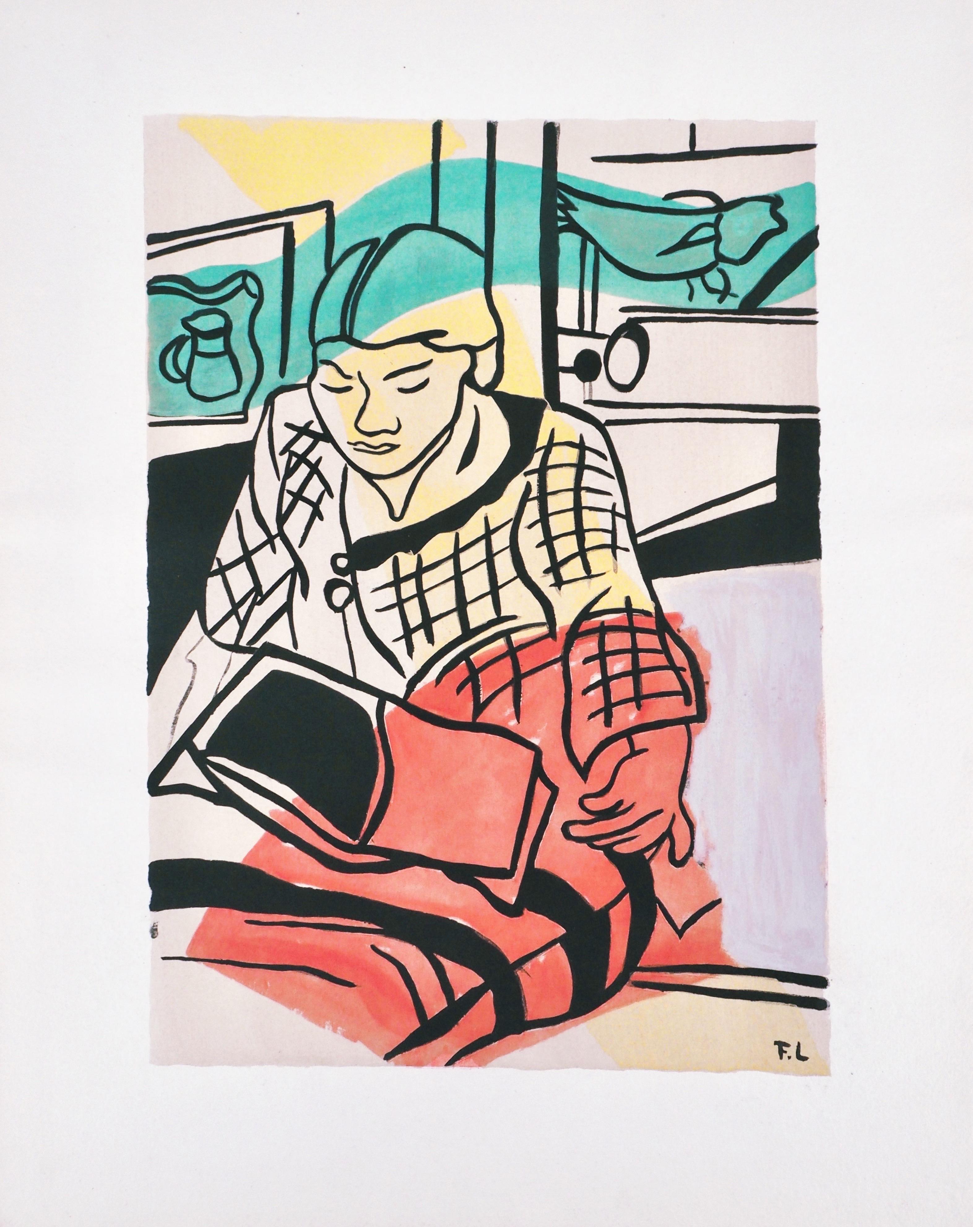 This exquisite lithograph and pochoir after Fernand Leger (1881–1955), titled La Lecture (The Reading), from the folio Contrastes, 13 Aquarelles, Gouache, Lavis, Crayon (Contrasts, 13 Watercolors, Gouache, Washes, Pencil), originates from the 1959