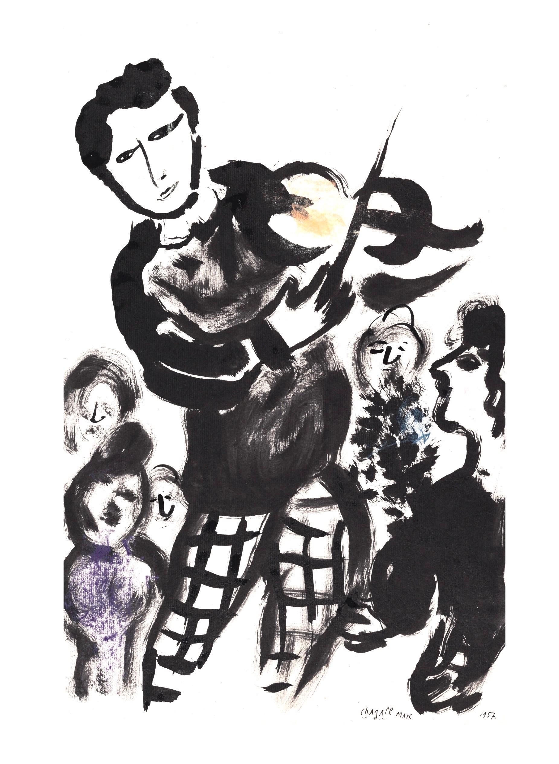 This exquisite lithograph and pochoir after Marc Chagall (1887–1985), titled Le Violoneux (The Violinist), from the folio Couleur amour, 13 Aquarelles, Gouaches, Lavis (Color of Love, 13 Watercolors, Gouaches, Washes), originates from the 1958