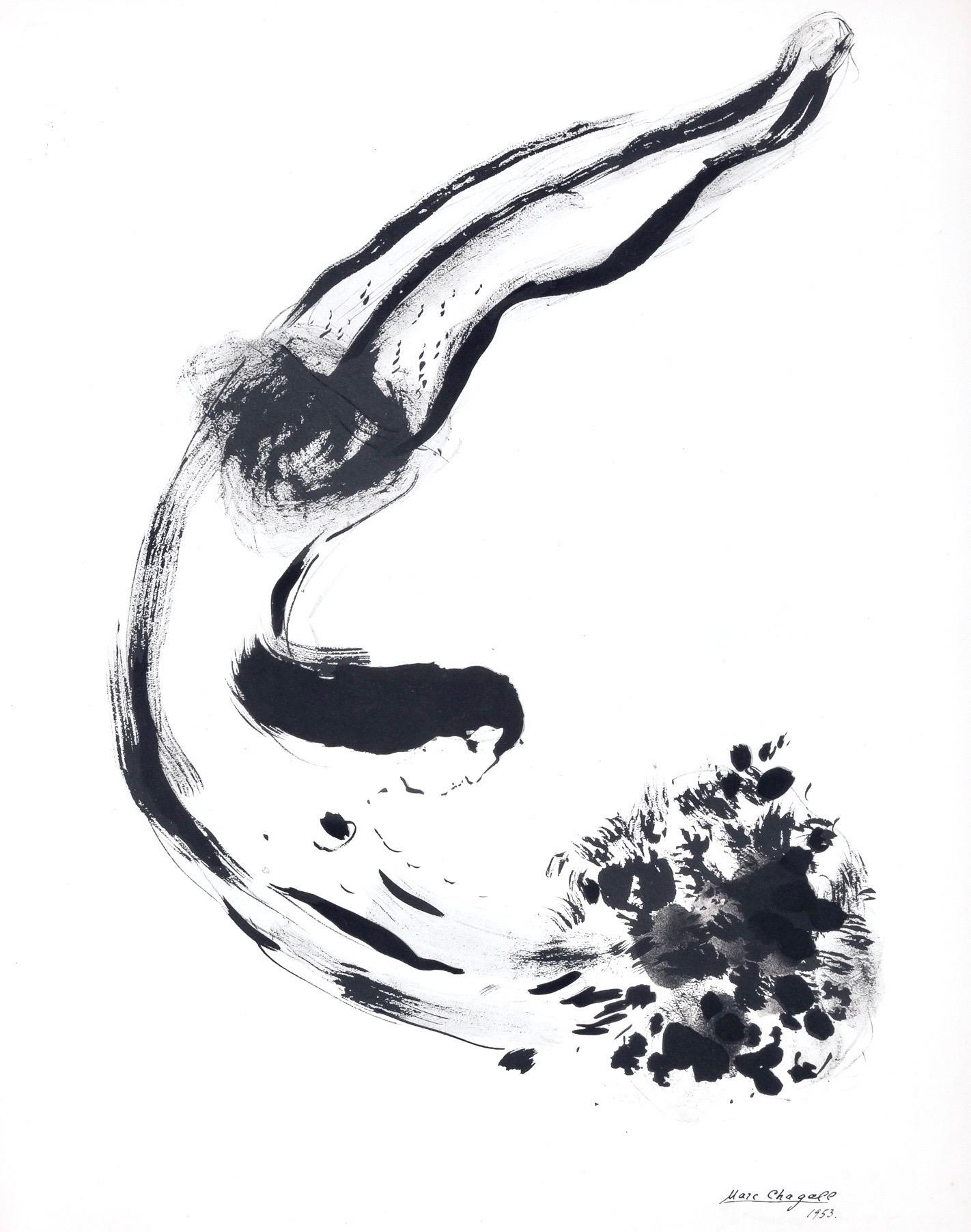 This exquisite lithograph and pochoir after Marc Chagall (1887–1985), titled L'Offrende (The Offering), from the folio Couleur amour, 13 Aquarelles, Gouaches, Lavis (Color of Love, 13 Watercolors, Gouaches, Washes), originates from the 1958 edition