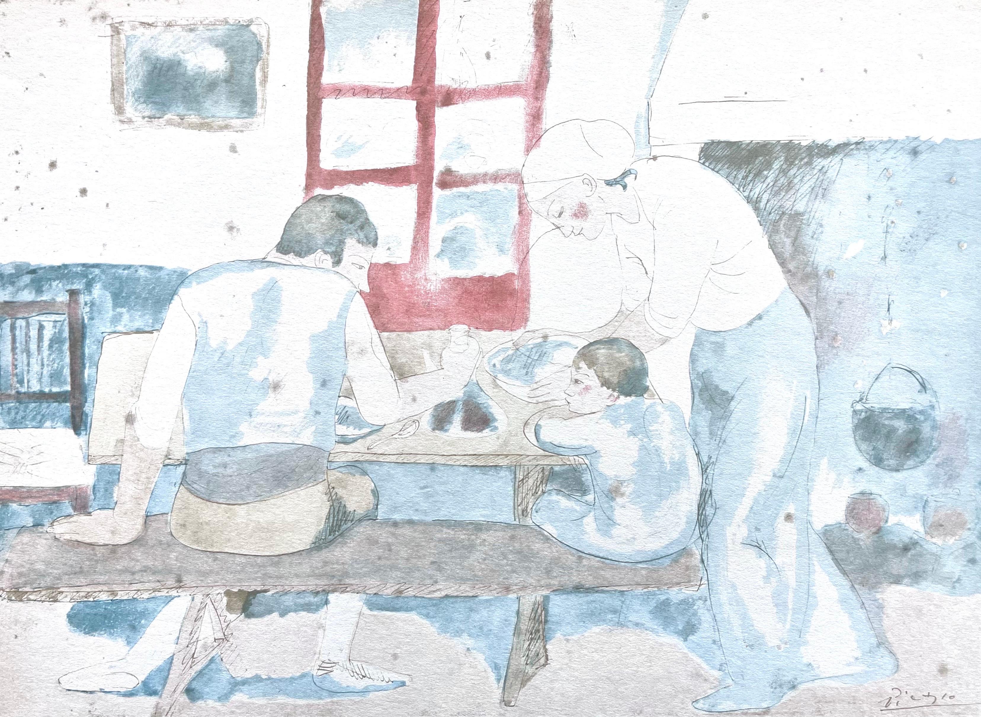 This exquisite lithograph and pochoir after Pablo Picasso (1881–1973), titled Family at Supper, from the folio Picasso, Fifteen Drawings, 1946, originates from the 1946 edition published by Pantheon Books, Inc., New York, and rendered and printed by