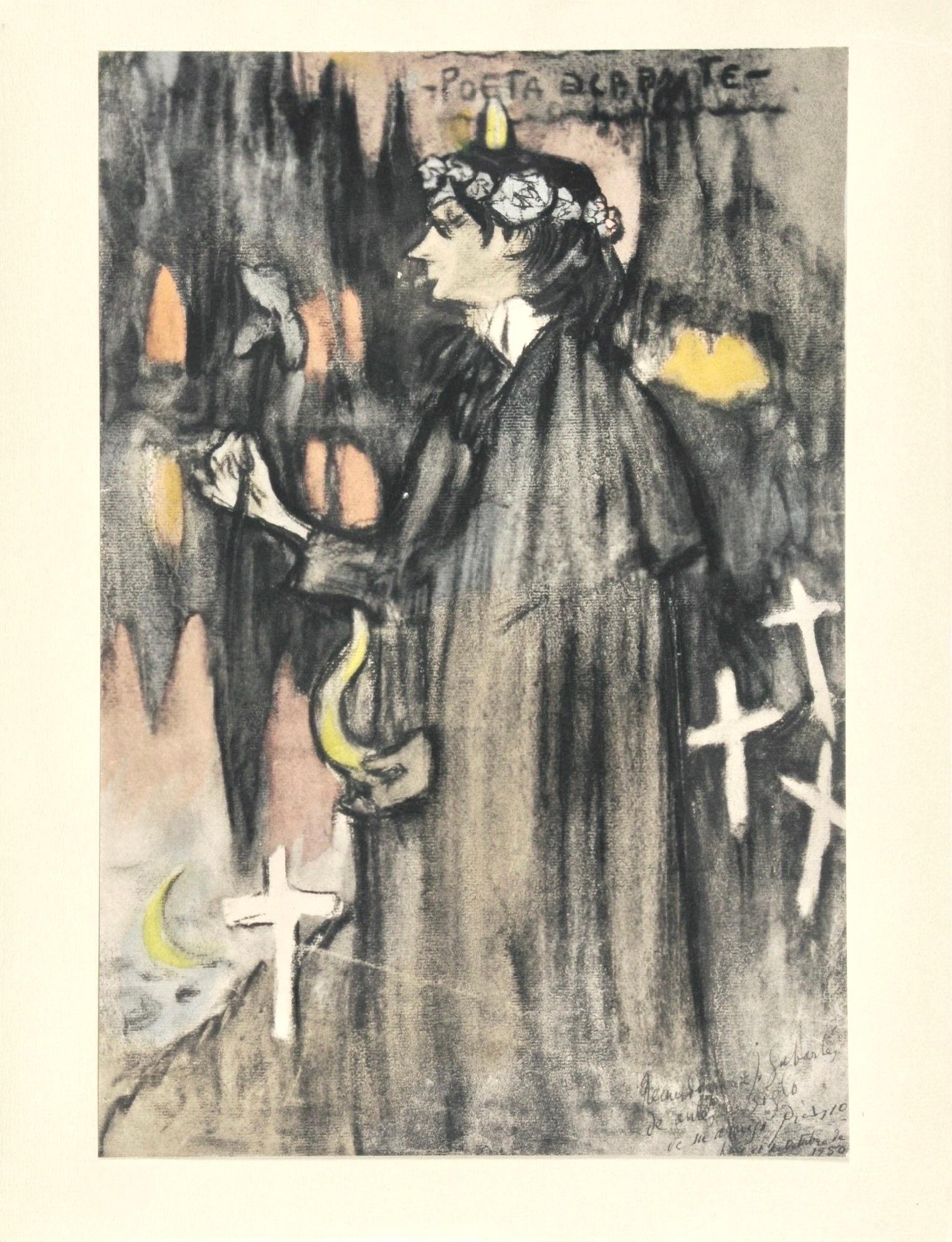 Lithographie et pochoir avec encres gouache et pastel sur papier vélin de Rives, reliée par une charnière d'archivage à la feuille de support en vélin de Rives, telle qu'elle a été émise. Inscription : signée dans la planche et non numérotée, telle