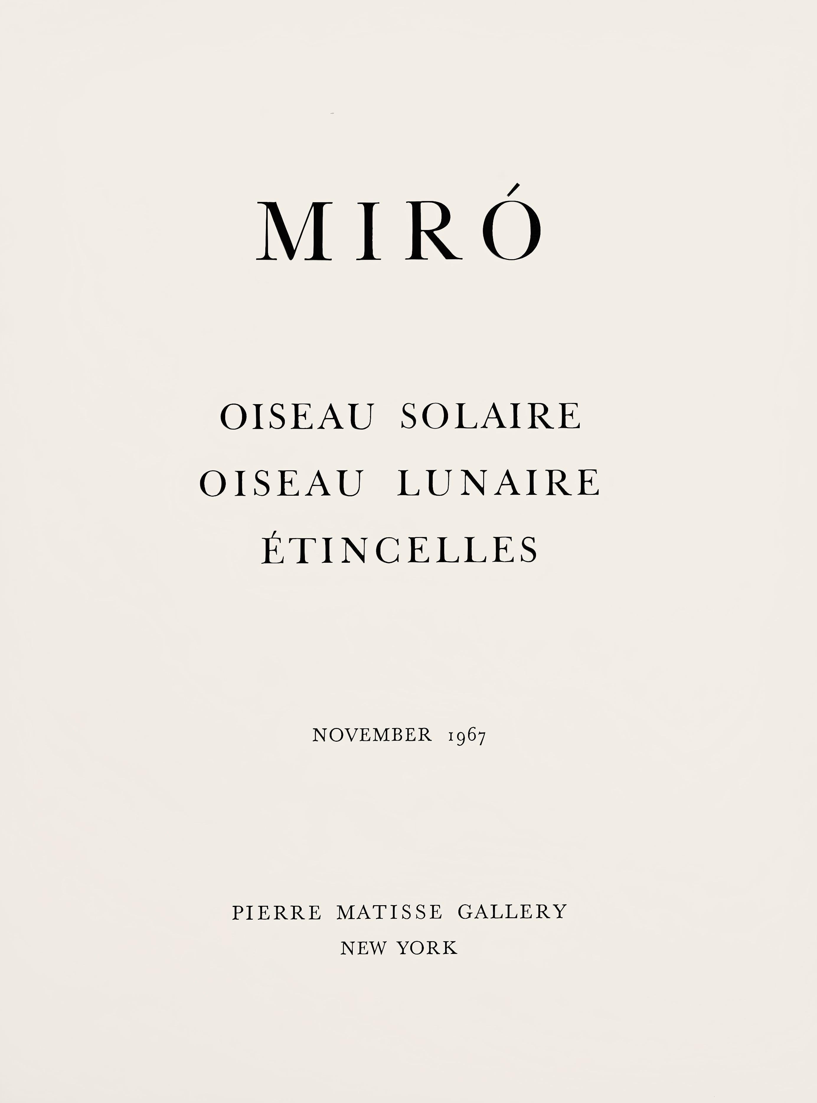 This exquisite lithograph and pochoir after Joan Miro (1893–1983), titled Sans titre (Untitled), from the album Miro, L'Oiseau solaire, L'Oiseau lunaire, Etincelles (Miro, The Sun Bird, The Moon Bird, Sparks), originates from the 1967 edition