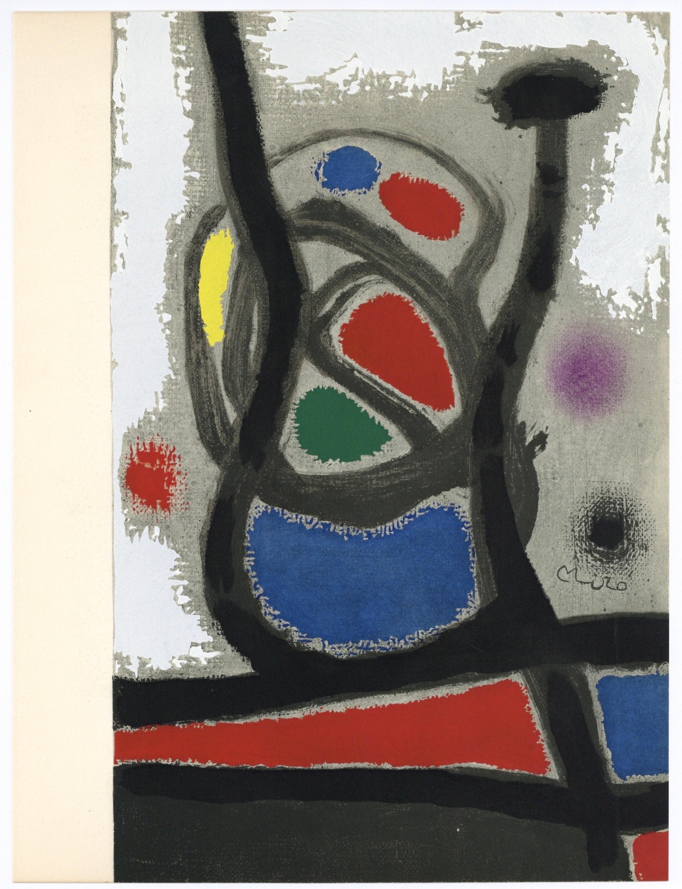 This exquisite lithograph and pochoir after Joan Miro (1893–1983), titled Sans titre (Untitled), from the album Miro, L'Oiseau solaire, L'Oiseau lunaire, Etincelles (Miro, The Sun Bird, The Moon Bird, Sparks), originates from the 1967 edition