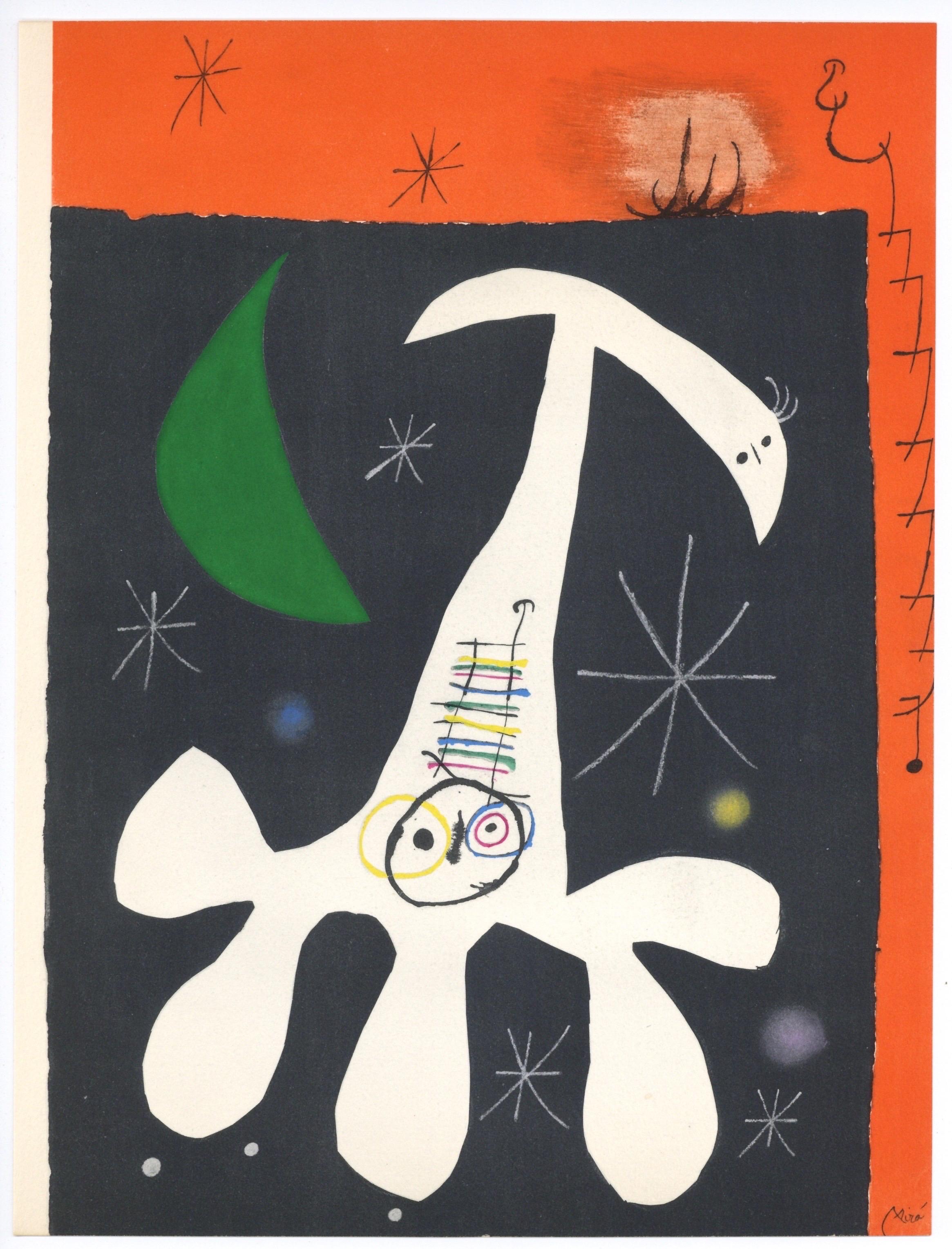 This exquisite lithograph and pochoir after Joan Miro (1893–1983), titled Sans titre (Untitled), from the album Miro, L'Oiseau solaire, L'Oiseau lunaire, Etincelles (Miro, The Sun Bird, The Moon Bird, Sparks), originates from the 1967 edition