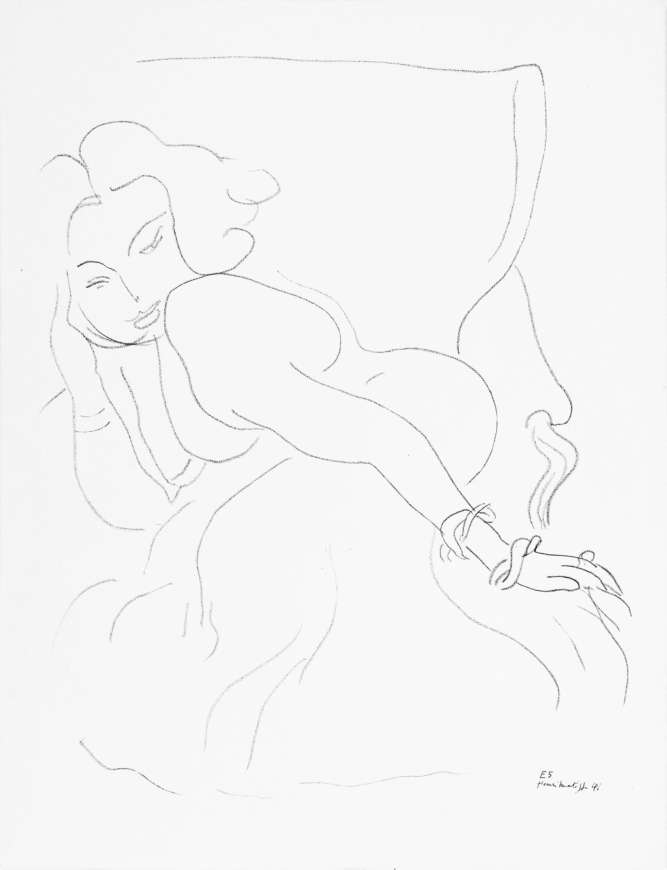 This exquisite lithograph after Henri Matisse (1869–1954), titled Serie E, var. 5 (Series E, Variation 5), from the album Henri Matisse, Dessins, Themes et Variations (Drawings, Themes and Variations), originates from the 1943 edition published by