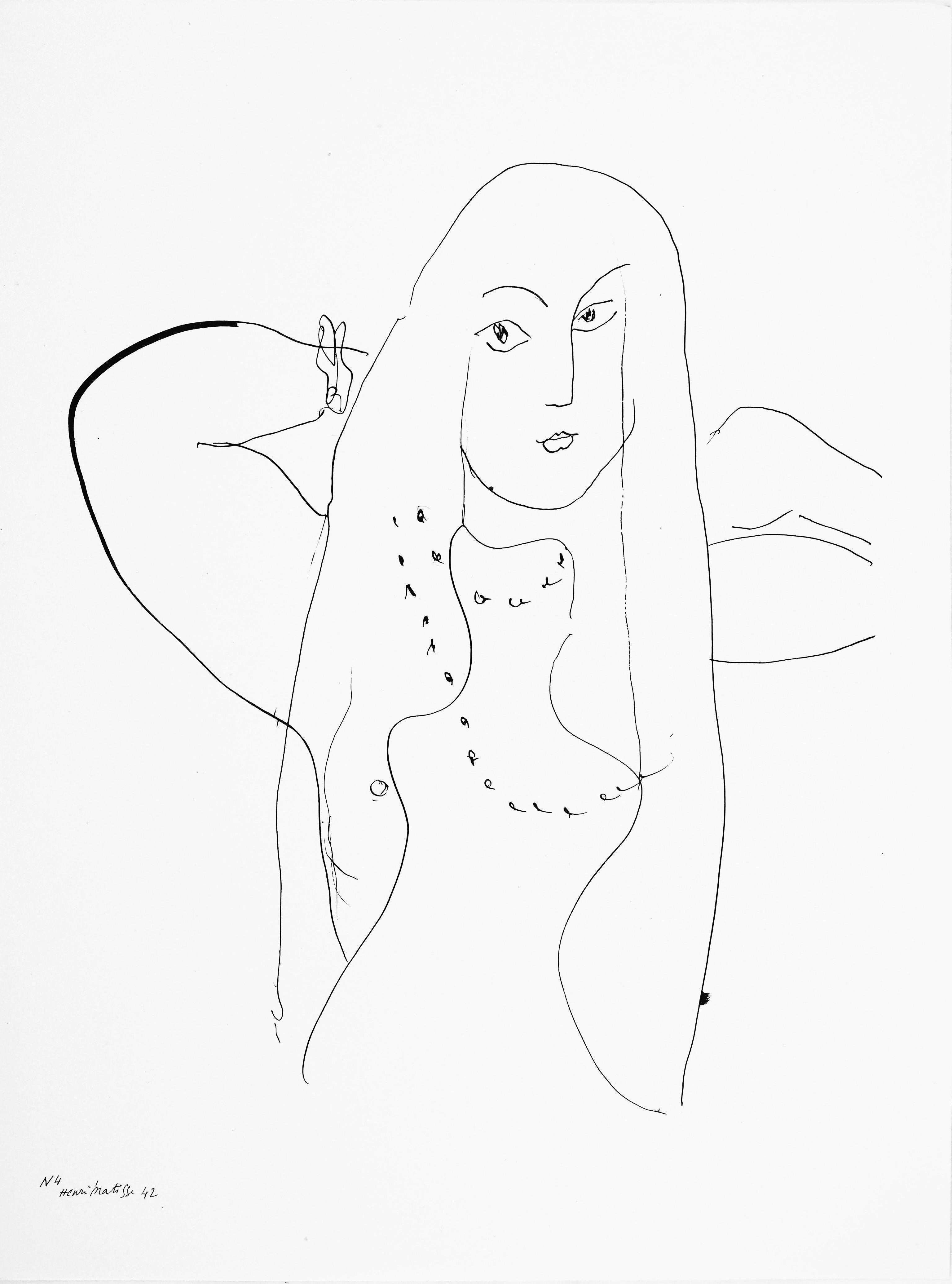 This exquisite lithograph after Henri Matisse (1869–1954), titled Serie N, var. 4 (Series N, Variation 4), from the album Henri Matisse, Dessins, Themes et Variations (Drawings, Themes and Variations), originates from the 1943 edition published by