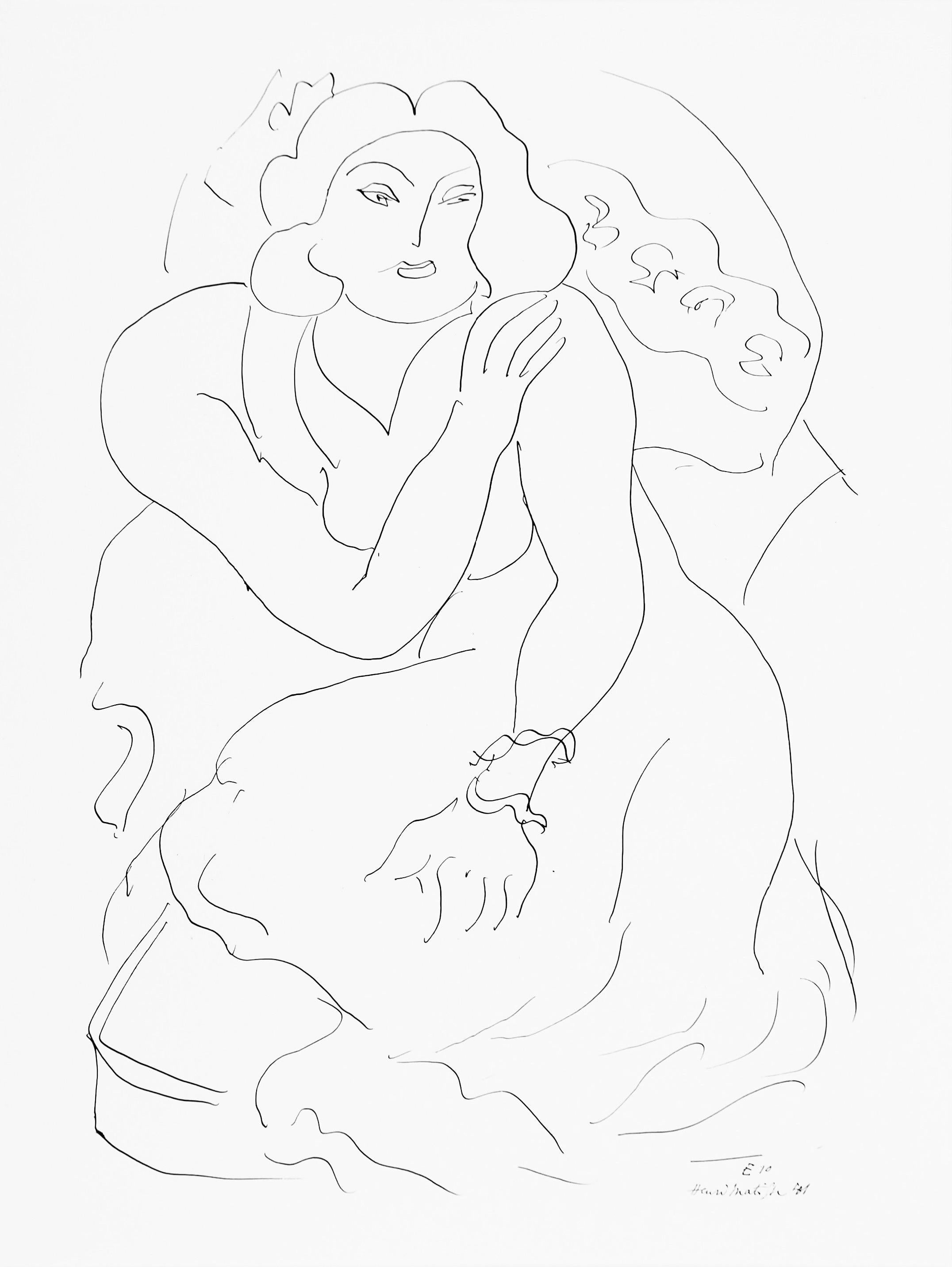 This exquisite lithograph after Henri Matisse (1869–1954), titled Serie E, var. 10 (Series E, Variation 10), from the album Henri Matisse, Dessins, Themes et Variations (Drawings, Themes and Variations), originates from the 1943 edition published by