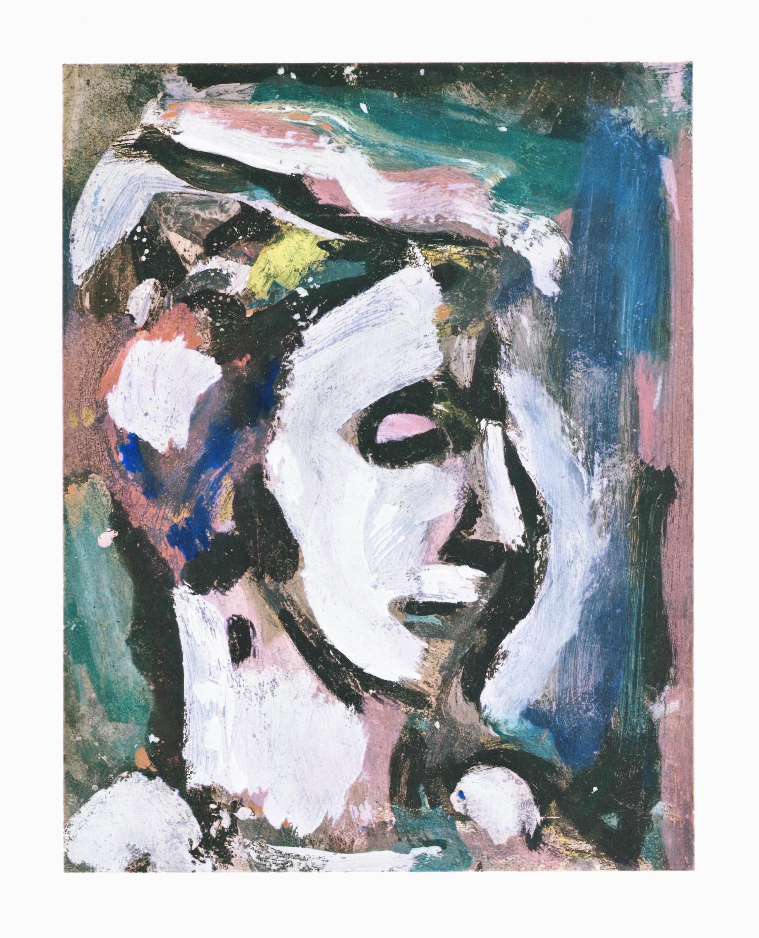 Lithographie et pochoir sur papier vélin Chiffon de Mandeure. Non signé, tel que publié. Bon état. Notes : Extrait du folio, Visages, 1969. Publié par les Éditions L'étoile Pilante, Paris, et l'Atelier Daniel Jacomet, Paris ; imprimé par l'Atelier