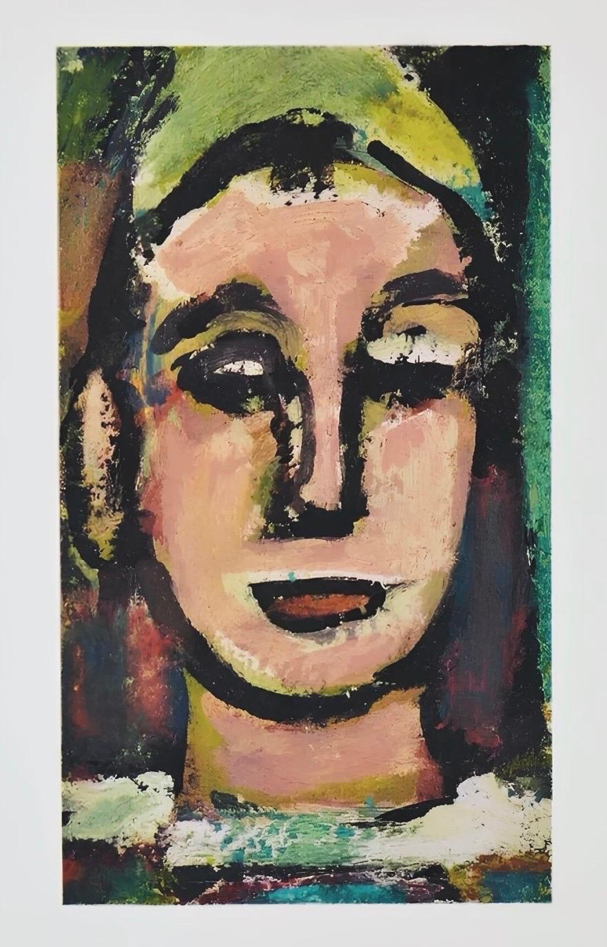 Lithographie et pochoir sur papier vélin Chiffon de Mandeure. Non signé, tel que publié. Bon état. Notes : Extrait du folio, Visages, 1969. Publié par les Éditions L'étoile Pilante, Paris, et l'Atelier Daniel Jacomet, Paris ; imprimé par l'Atelier