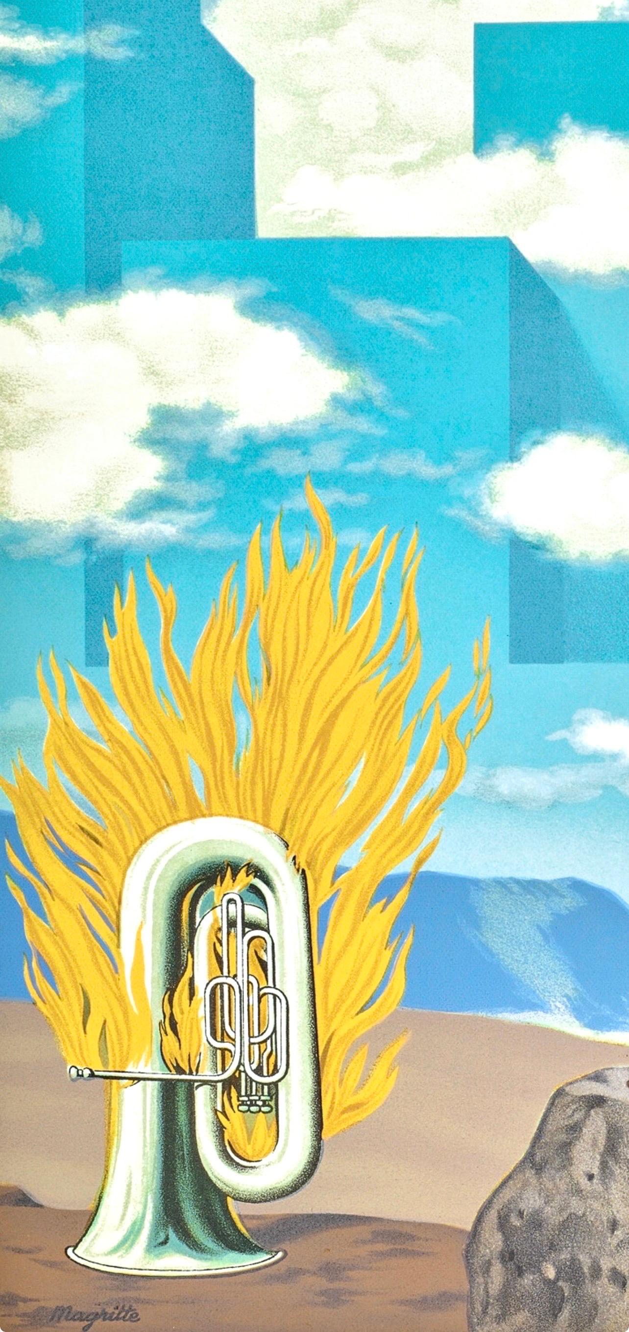 Rene His, Un bombardon libère son bouquet de flammes, 1968 (d'après) - Bleu Nude Print par René Magritte