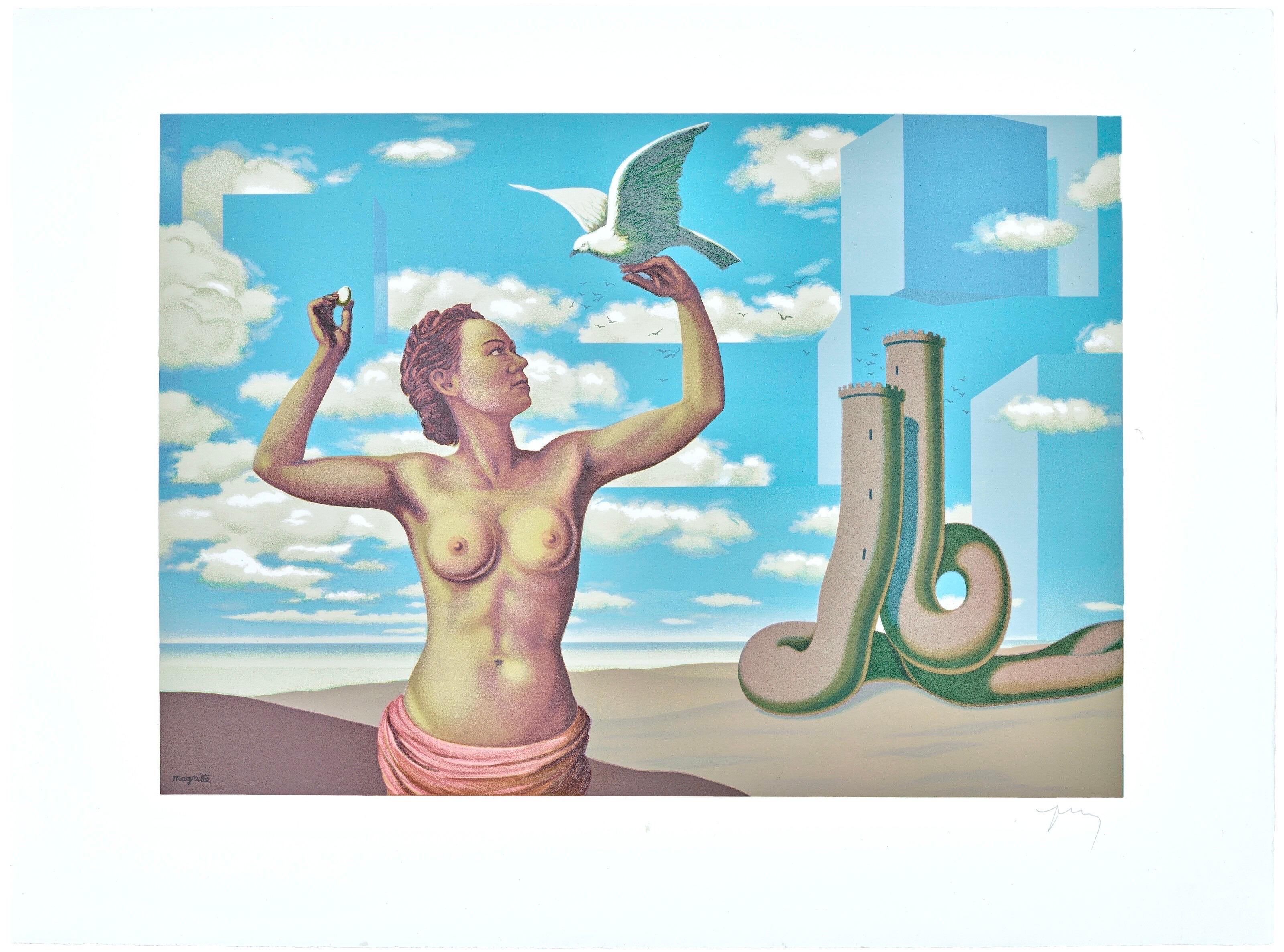 Cette exquise lithographie d'après René Magritte (1898-1967), intitulée Une Jeune Femme Presente avec Grace, tirée de l'ouvrage Les Enfants Trouves de Magritte, 1968, provient de l'édition publiée par A.C.C. Mazo et Cie, Paris, et imprimé par