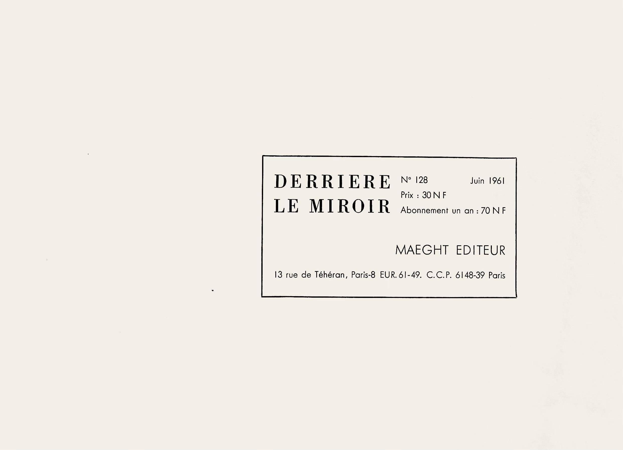 This exquisite lithograph by Joan Miro (1893–1983), titled Lanneau (The Ring), originates from the 1961 folio Derriere le miroir, No. 128. Published by Maeght Editeur, Paris, under the direction of Aime Maeght, and printed by limprimerie Arte,