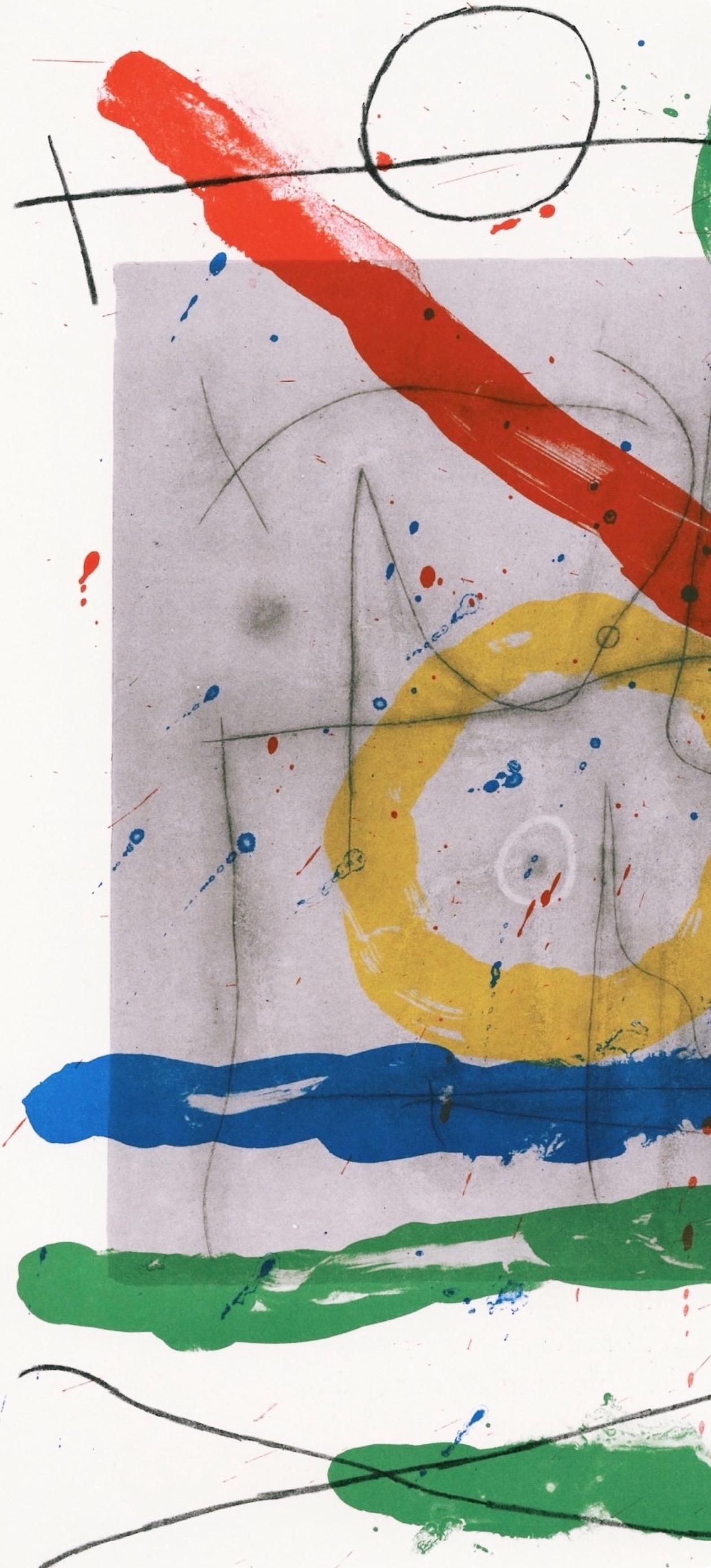 Joan Miro, Composition on Grey Background, from Derriere le miroir, 1965 - Beige Figurative Print by Joan Miró