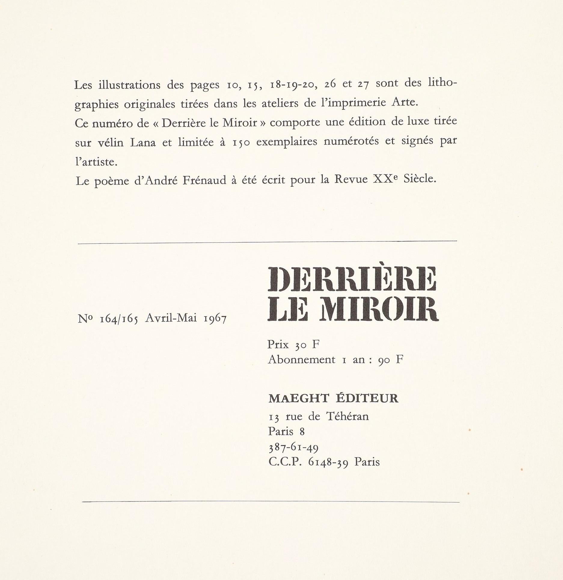 This exquisite lithograph after Joan Miro (1893–1983), titled Sans titre (Untitled), originates from the 1967 folio Derriere le miroir, L'oiseau solaire, l'oiseau lunaire, etin-celles (The Solar Bird, the Lunar Bird, Sparks), No. 164–165. Published