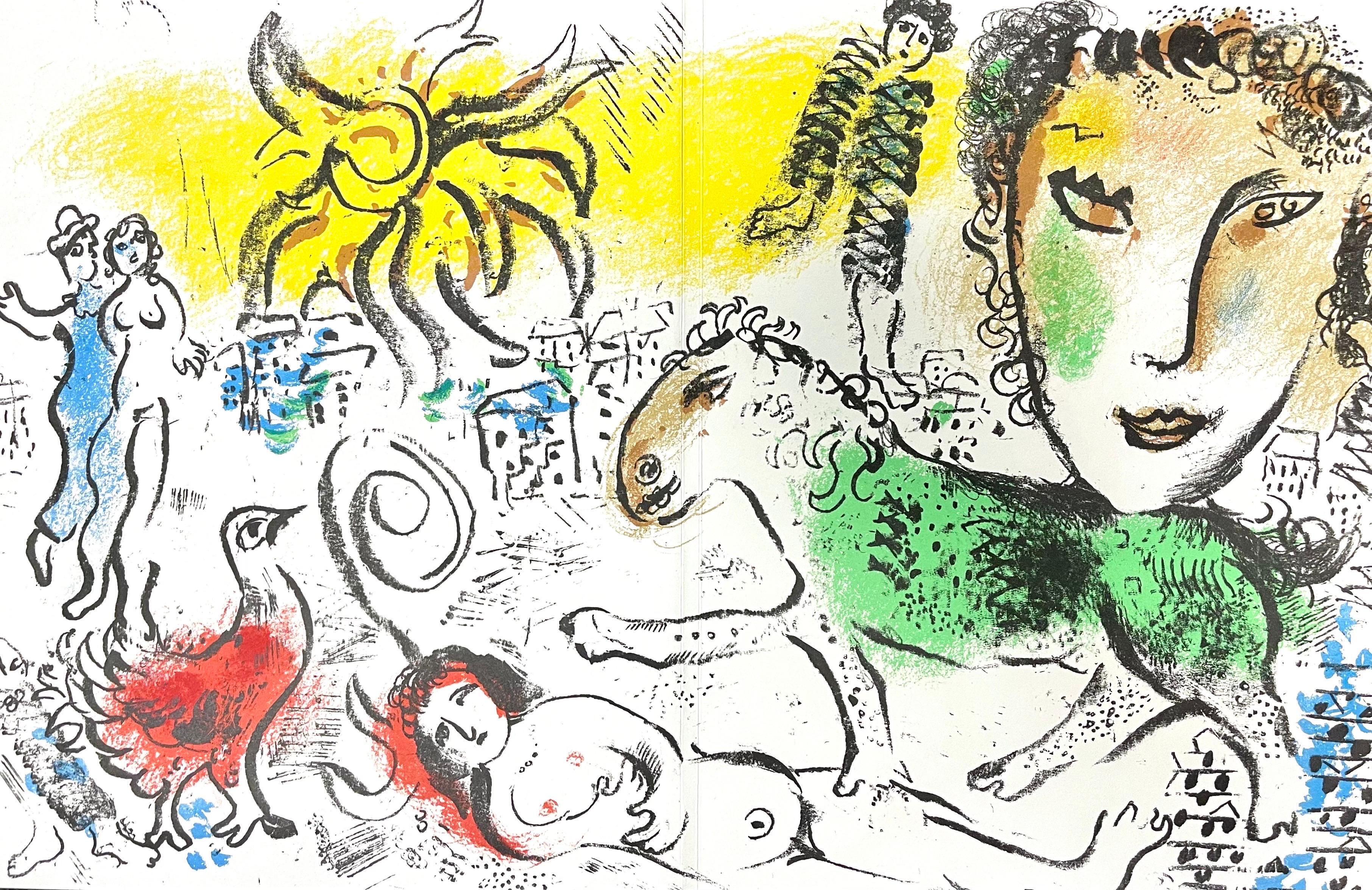 Lithographie auf Velinpapier. Papierformat: 12,4 x 19,3 Zoll, mit Mittelfalz, wie ausgegeben. Beschriftung: Unsigniert und nicht nummeriert, wie ausgegeben. Referenzen des Werkverzeichnisses: Chagall, Marc, und Fernand Mourlot. Chagall Lithographien