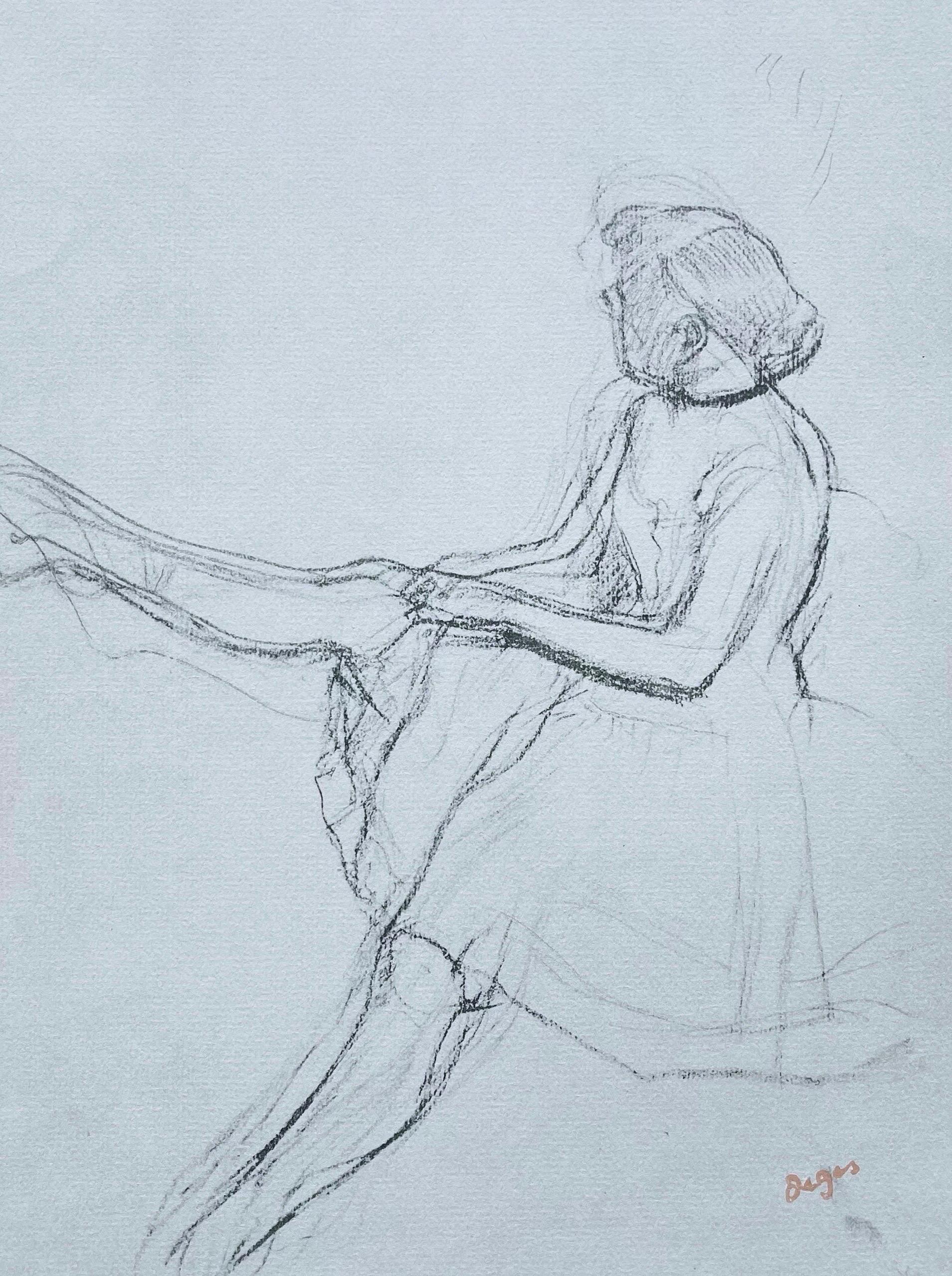 This exquisite lithograph after Edgar Degas (1834–1917), titled Seated dancer, removing her slipper, originates from the 1945 folio Degas, Ten Ballet Sketches. Published by The Studio Publications, Inc., New York, rendered and printed by Albert