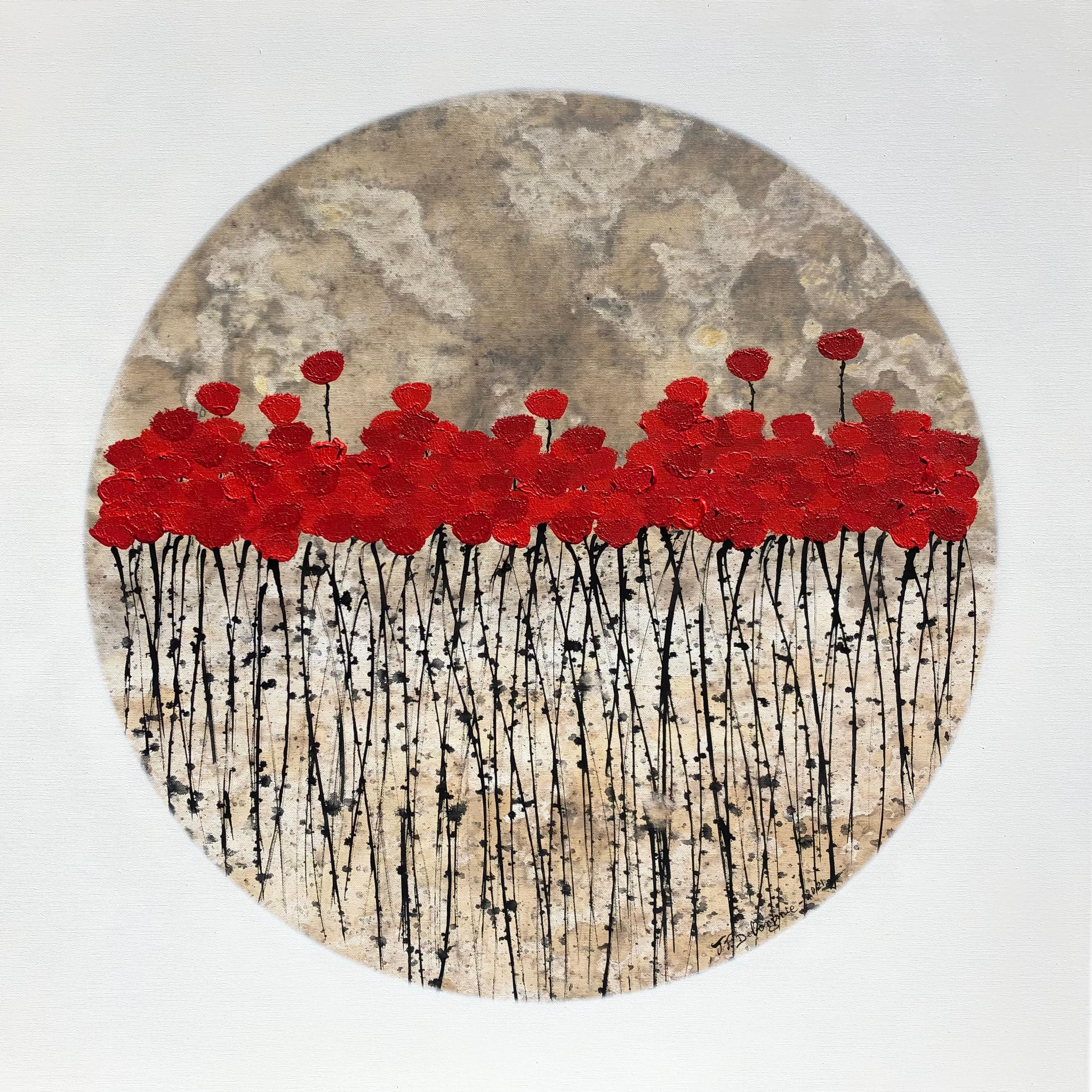 "Wild Poppy Field" 80x80cm floral painting acrylic ink on canvas nature red  - Painting by Jean Francois Debongnie