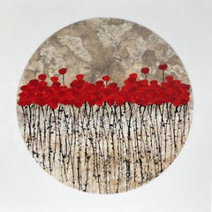 « Wild Poppy Field », peinture florale à l'encre acrylique sur toile rouge nature, 80 x 80 cm 