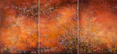 "Fire" trittico astratto in tela acrilica di lino 70x150cm invia cassa di legno rossa