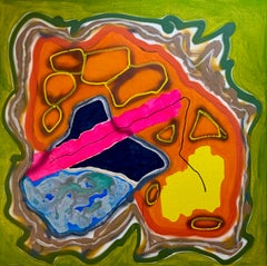Patatoïdes n° 3, œuvre abstraite 100 x 100, acrylique et peinture en spray sur toile de lin