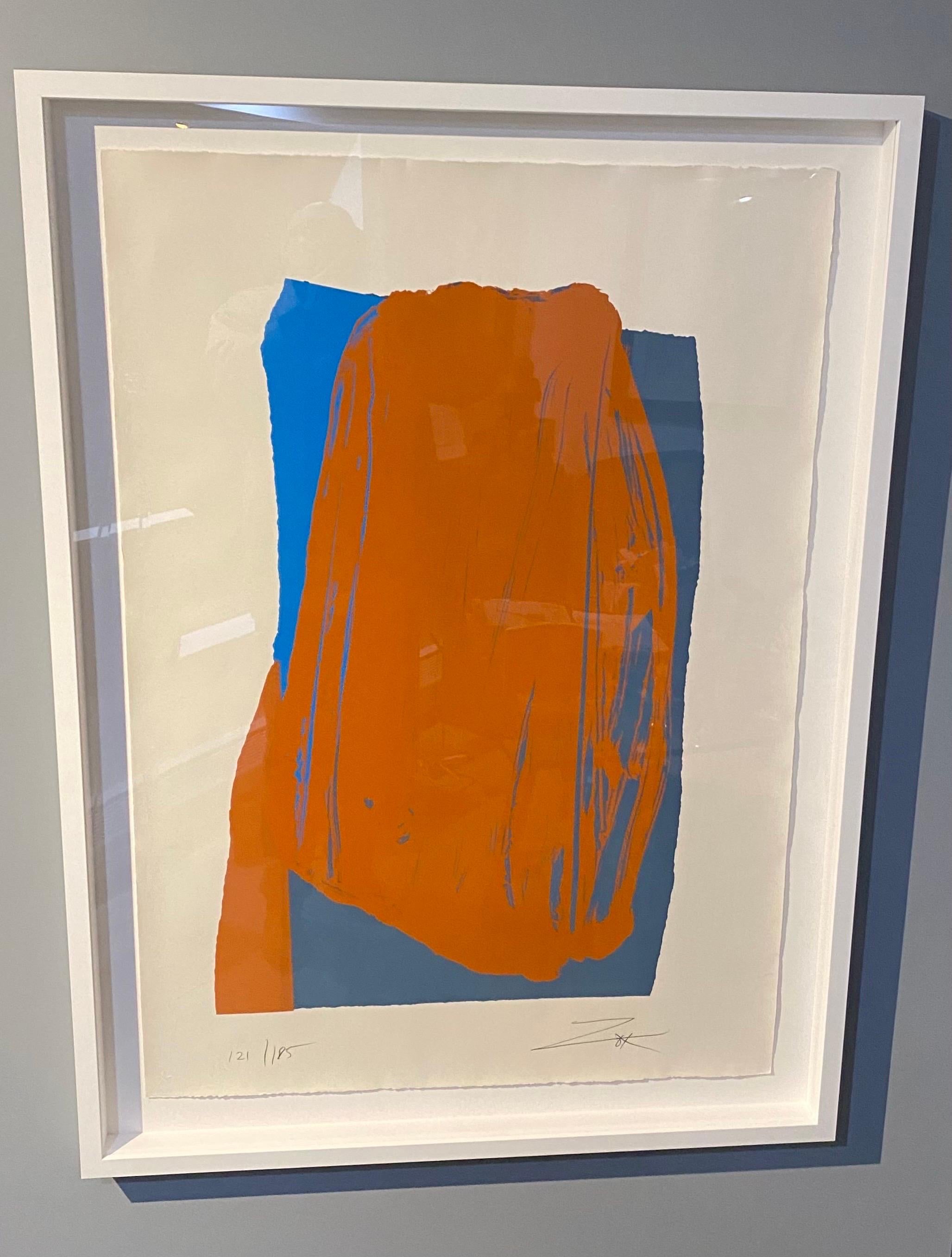 Large dramatic abstract limited edition screen print in bold orange and blue colors signed and numbered by the artist. Print is float mounted in a wood white painted frame under UV plexiglass. Frame dimensions are 35.25