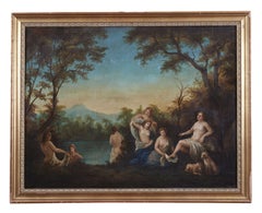 18th-Century Nymphs at the Bath, France; School of Mythology; Oil on Canvas; Blue-Green