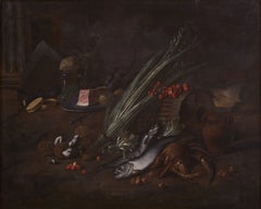 17th Century Still Life Angelo Rossi Natura Morta Ham Crab Fish Oil on Canvas