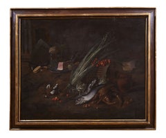 17th Century Still Life Angelo Rossi Natura Morta Ham Crab Fish Oil on Canvas