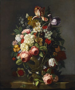18th-Century Still Life, Flemish School: Vase of Flowers, Oil on Canvas, Pink and White