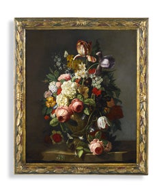 18th-Century Still Life, Flemish School: Vase of Flowers, Oil on Canvas, Pink and White