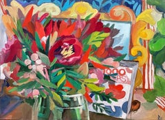 Red peonies and books, 60x80cm, oil on canvas